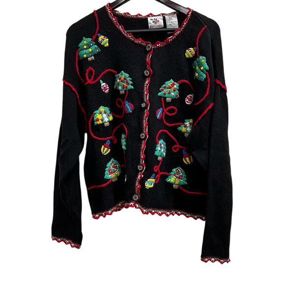 NUTCRACKER Christmas crossstitch black embellished vintage sweater cardigan sz L - Picture 1 of 7
